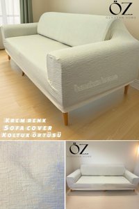 Özmakan Pamuklu - Polyester Likralı Jakarlı Süngersiz Çizgili Giydirmeli Bej Tekli Koltuk Örtüsü 180x230 cm