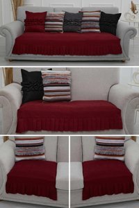 Aisha's Design KTK-8 Polyester Örgü Pileli Süngersiz Düz Bordo Üçlü Koltuk Örtüsü 34x48 cm