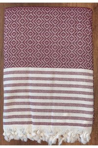 Rozet Tekstil Pamuklu Örgü Püsküllü Süngersiz Geometrik Desenli Bordo Tekli Koltuk Örtüsü 170x200 cm