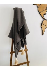 Lebohas Pamuklu Püsküllü Süngersiz Düz Gri Tekli Koltuk Örtüsü 130x170 cm