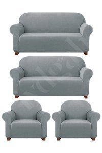 Iydgah Polyester Likralı Süngersiz Düz Giydirmeli Krem 3-3-1-1 Koltuk Örtüsü 110x120 cm