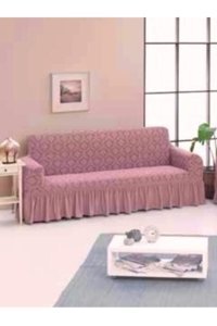 Consept Home Pamuklu - Polyester Likralı Jakarlı Süngersiz Giydirmeli Pembe Üçlü Koltuk Örtüsü 85x213,5 cm