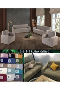 Gerbera Home Collection Pamuklu - Polyester Jakarlı Süngersiz Kırçıllı Giydirmeli Kahverengi 3-2-1-1 Koltuk Örtüsü 180x230 cm