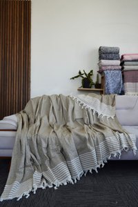 Mutlu Çeyiz Pamuklu Püsküllü Süngersiz Çizgili Kahverengi Tekli Koltuk Örtüsü 170x220 cm
