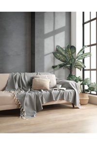 Botex Pamuklu Püsküllü Süngersiz Düz Gri Tekli Koltuk Örtüsü 170x230 cm