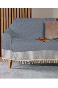 Bumedo Pamuklu Kanvas Püsküllü Süngersiz Armürlü Mavi Üçlü Koltuk Örtüsü 170x210 cm