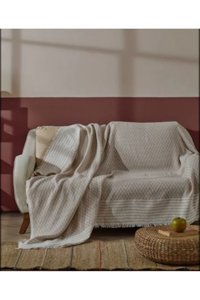 Peştemal Home Pamuklu Örgü Saçaklı Süngersiz Geometrik Desenli Bej Üçlü Koltuk Örtüsü 220x180 cm
