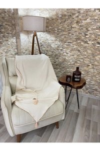 Rozet Tekstil Pamuklu Örgü Ponponlu Süngersiz Armürlü Bej Tekli Koltuk Örtüsü 120x180 cm