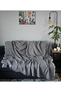 Brevis Müslin Saçaklı Süngersiz Düz Gri Tekli Koltuk Örtüsü 160x200 cm
