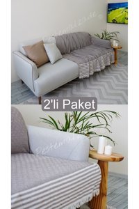 Vega Outdoor Tactical Pamuklu Polar Saçaklı Süngersiz Geometrik Desenli Gri İkili Koltuk Örtüsü 170x200 cm