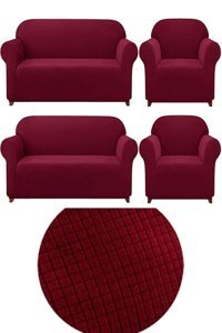 Uytm Pamuklu - Polyester Bürümcük-Likralı Süngerli Çizgili Giydirmeli Bordo Dörtlü Koltuk Örtüsü 180x230 cm