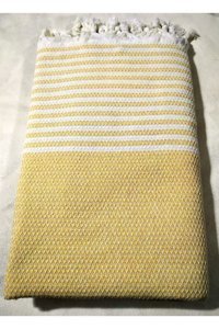 Mandaş Pamuklu Püsküllü Süngersiz Çizgili Sarı Tekli Koltuk Örtüsü 180x304 cm