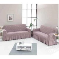 Akbu Pamuklu - Polyester Fırfırlı Süngersiz Geometrik Desenli Giydirmeli Lastikli Pembe Tekli Koltuk Örtüsü 180x215 cm