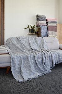 Mutlu Çeyiz Silva Pamuklu Saçaklı Süngersiz Çizgili Gri Tekli Koltuk Örtüsü 170x220 cm
