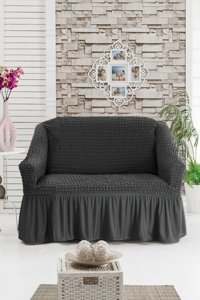 Karahanlı Polyester Bürümcük-Likralı Fırfırlı Süngersiz Kapitone Giydirmeli Antrasit İkili Koltuk Örtüsü 85x110 cm