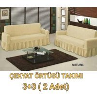 Evren Ev Tekstil Pamuklu Bürümcük Fırfırlı Süngersiz Kapitone Giydirmeli Bej İkili Koltuk Örtüsü