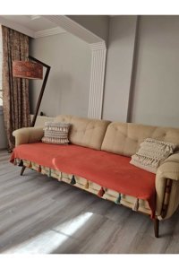 Petek Home Pamuklu Örgü Püsküllü Süngersiz Geometrik Desenli Kiremit Üçlü Koltuk Örtüsü 90x210 cm