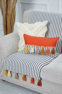 Aisha's Design Pamuklu Püsküllü Süngersiz Çizgili Siyah Tekli Koltuk Örtüsü 180x75 cm