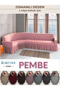 Elgeyar Pamuklu - Polyester Likralı Jakarlı Süngersiz Giydirmeli Pembe Dörtlü Koltuk Örtüsü 180x350 cm