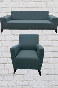 Şahane Ev Mikro Polyester Likralı Jakarlı Süngersiz Düz Giydirmeli Lastikli Yeşil Üçlü Koltuk Örtüsü 85x55 cm