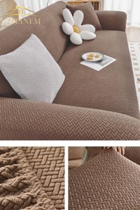 Hanemce Pamuklu - Polyester Süngersiz Tuğla Desenli Giydirmeli Bej Üçlü Koltuk Örtüsü 180x230 cm