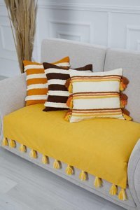 Aisha's Design KO-19-IK Polyester Örgü Püsküllü Süngersiz Düz Sarı Tekli Koltuk Örtüsü 90x155 cm