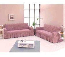 Uy Style Tekstil Likralı Drapeli Süngerli Düz Giydirmeli Pembe İkili Koltuk Örtüsü 180x230 cm