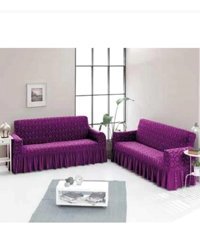 Akbu Pamuklu - Polyester Fırfırlı Süngersiz Şal Desenli Giydirmeli Lastikli Mor Tekli Koltuk Örtüsü 180x215 cm