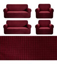 Nusret Pamuklu - Polyester Süngersiz Kareli Giydirmeli Bordo Dörtlü Koltuk Örtüsü 180x230 cm