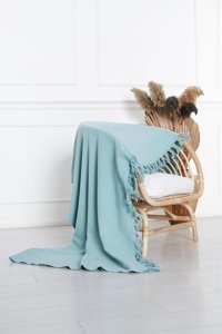 Anjea Home Mula Pamuklu - Polyester Püsküllü Süngersiz Düz Mavi Tekli Koltuk Örtüsü 180x215 cm