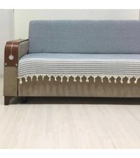 Coperta Pamuklu Kanvas Püsküllü Süngersiz Armürlü Mavi Üçlü Koltuk Örtüsü 180x220 cm