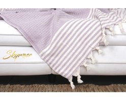 Skyrose Pamuklu Polar Saçaklı Süngersiz Çizgili Mor Tekli Koltuk Örtüsü 220x180 cm