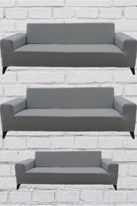 Şahane Ev Mikro Polyester Likralı Jakarlı Süngersiz Düz Giydirmeli Lastikli Gri Üçlü Koltuk Örtüsü 55x13 cm