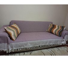 Şener Home Pamuklu Polar Saçaklı Süngersiz Çizgili Mor Tekli Koltuk Örtüsü 170x301 cm