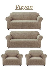 Heytgah Jakarlı Süngersiz Kırçıllı Giydirmeli Vizon 3-3-1-1 Koltuk Örtüsü 180x230 cm