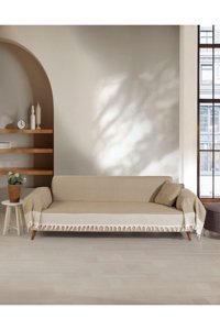 Lux Touch Pamuklu Püsküllü Süngersiz Geometrik Desenli Hardal Tekli Koltuk Örtüsü 180x300 cm
