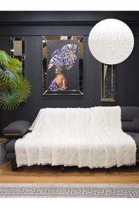 Star Home Collections Pamuklu Polar Saçaklı Süngersiz Çizgili Ekru Tekli Koltuk Örtüsü 170x200 cm