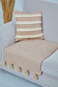 Aisha's Design KO-26-T Polyester Örgü Püsküllü Süngersiz Düz Vizon Tekli Koltuk Örtüsü 90x75 cm