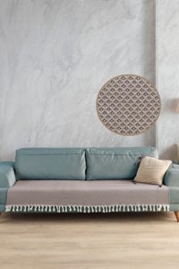 Ladynil Pamuklu Saçaklı Süngersiz Geometrik Desenli Kahverengi Tekli Koltuk Örtüsü 115x201 cm
