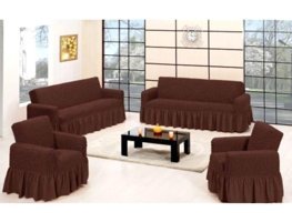 Lady Bella Elite Home Style Pamuklu Bürümcük Fırfırlı Süngersiz Kareli Giydirmeli Kahverengi Dörtlü Koltuk Örtüsü 100x230 cm