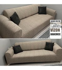 Hanemce Pamuklu - Polyester Süngersiz Kırçıllı Giydirmeli Vizon Üçlü Koltuk Örtüsü 180x237 cm