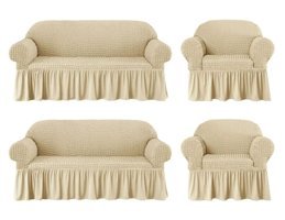 Furkanticaret Polyester Bürümcük Süngersiz Düz Giydirmeli Bej 3-2-1-1 Koltuk Örtüsü 230x180 cm
