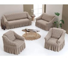 Uytm Pamuklu - Polyester Likralı Drapeli Süngerli Çiçek Desenli Giydirmeli Bej Dörtlü Koltuk Örtüsü 180x230 cm