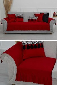 Aisha's Design KTK-6 Polyester Örgü Pileli Süngersiz Düz Kırmızı Üçlü Koltuk Örtüsü 34x48 cm