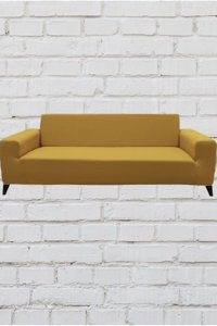 Şahane Ev Mikro Polyester Likralı Jakarlı Süngersiz Düz Giydirmeli Lastikli Hardal Üçlü Koltuk Örtüsü 27x32 cm