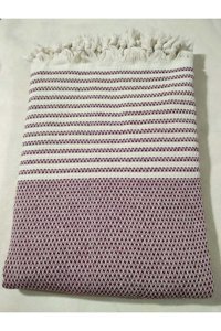 Mandaş Pamuklu Püsküllü Süngersiz Çizgili Bordo Tekli Koltuk Örtüsü 180x220 cm