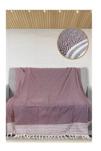 Bella Home Naturel Pamuklu Püsküllü Süngersiz Bordo Tekli Koltuk Örtüsü 170x220 cm