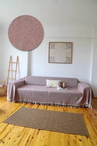 Koza Home Pamuklu - Polyester Saçaklı Süngersiz Çizgili Bordo Tekli Koltuk Örtüsü 180x300 cm
