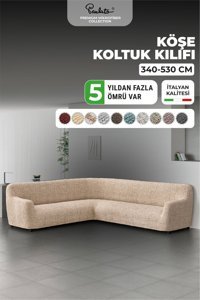 Paulato Mikrofiber Likralı Jakarlı Süngersiz Çizgili Giydirmeli Bej Üçlü Koltuk Örtüsü 300x550 cm