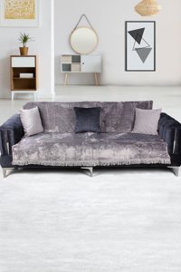 Bonny Home Kadife Saçaklı Süngersiz Gri Tekli Koltuk Örtüsü 220x180 cm